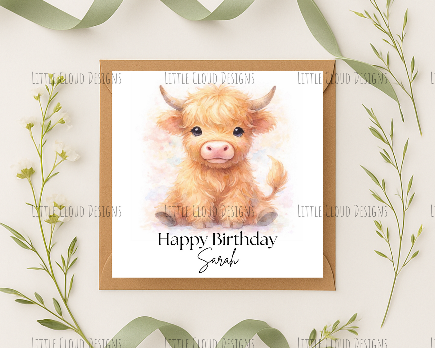 Water colour highland cow birthday card | Little Cloud Designs