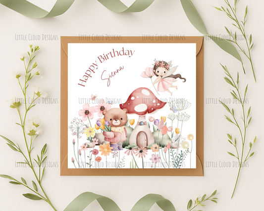 Personalised Fairy Birthday Card – Toadstool & Bear Design | Little Cloud Designs