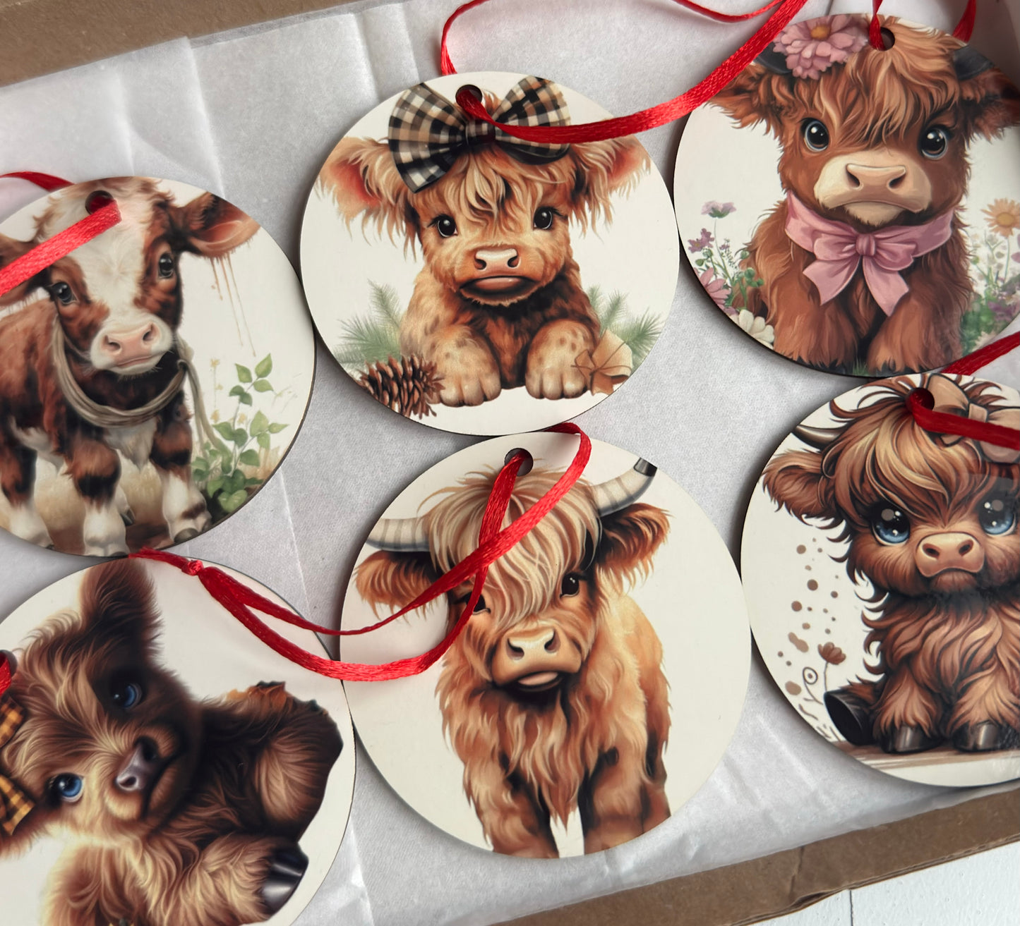 Highland Cow Christmas Baubles Set of 6 - Cute Cow Tree Decorations | Little Cloud Designs