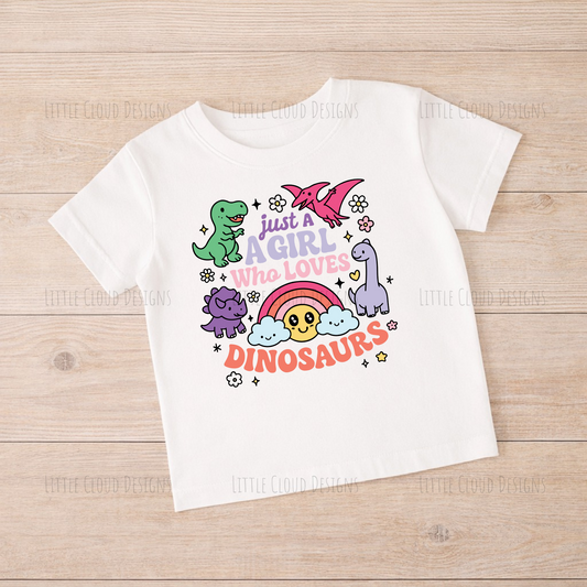 Girls Dinosaur T-Shirt - "Just a Girl Who Loves Dinosaurs" Retro Tee | Little Cloud Designs