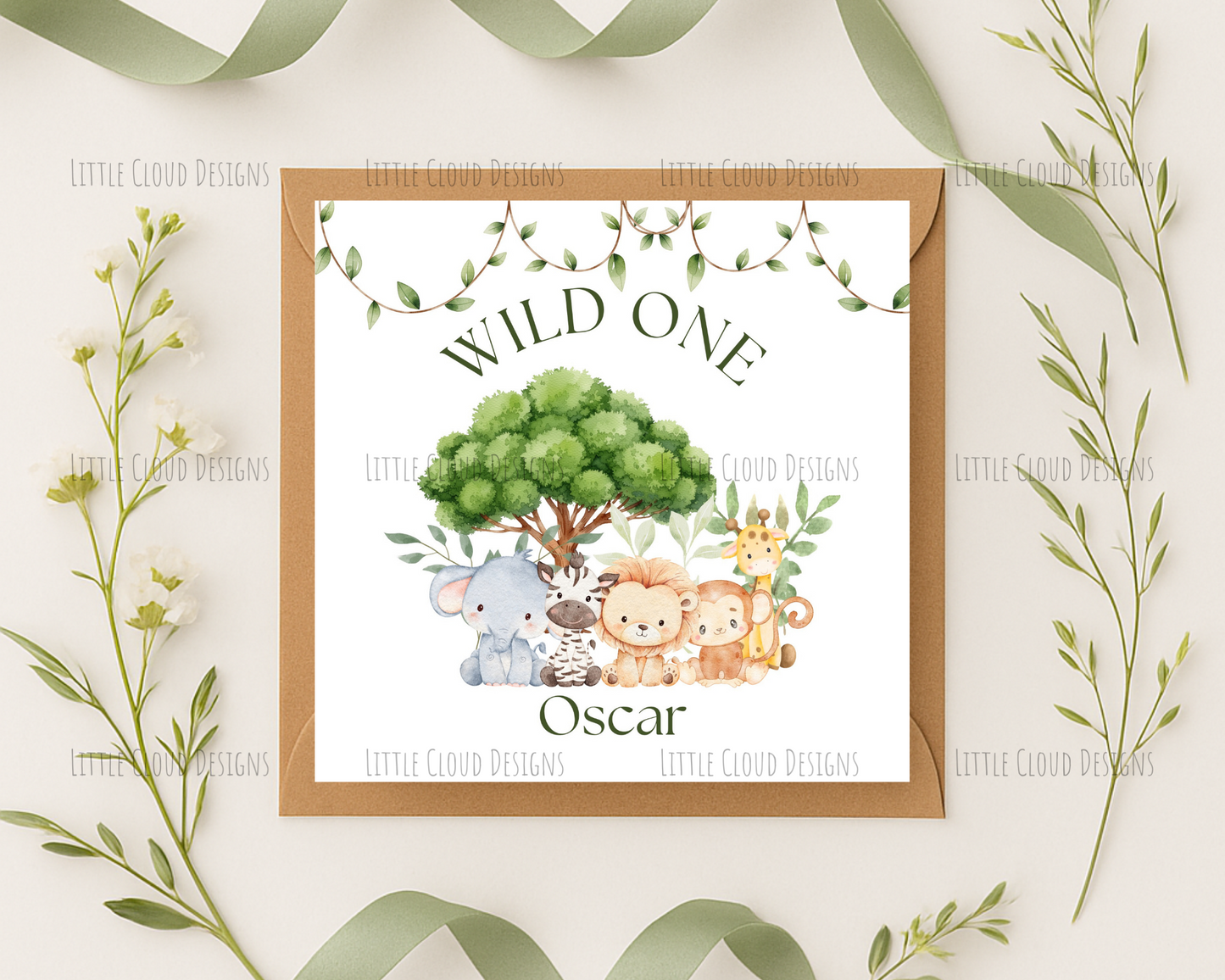 Wild One Safari Birthday Card – Animal Theme | Little Cloud Designs